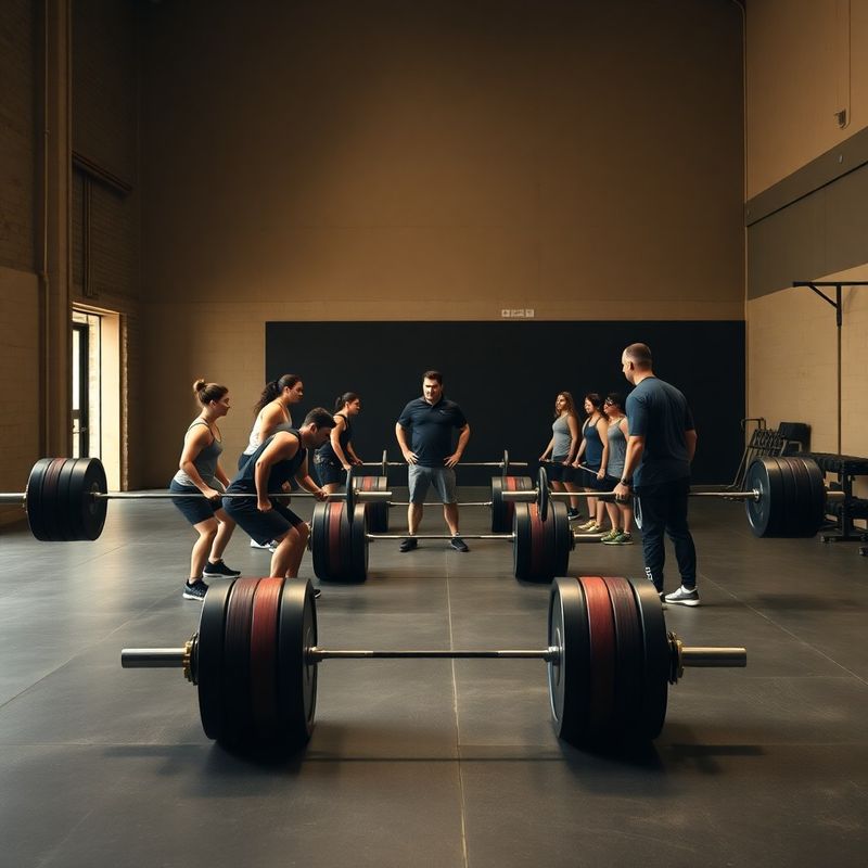 Ten athletes in synchronised deadlift setup watched by a coach calling a cue at Co of Manchester
