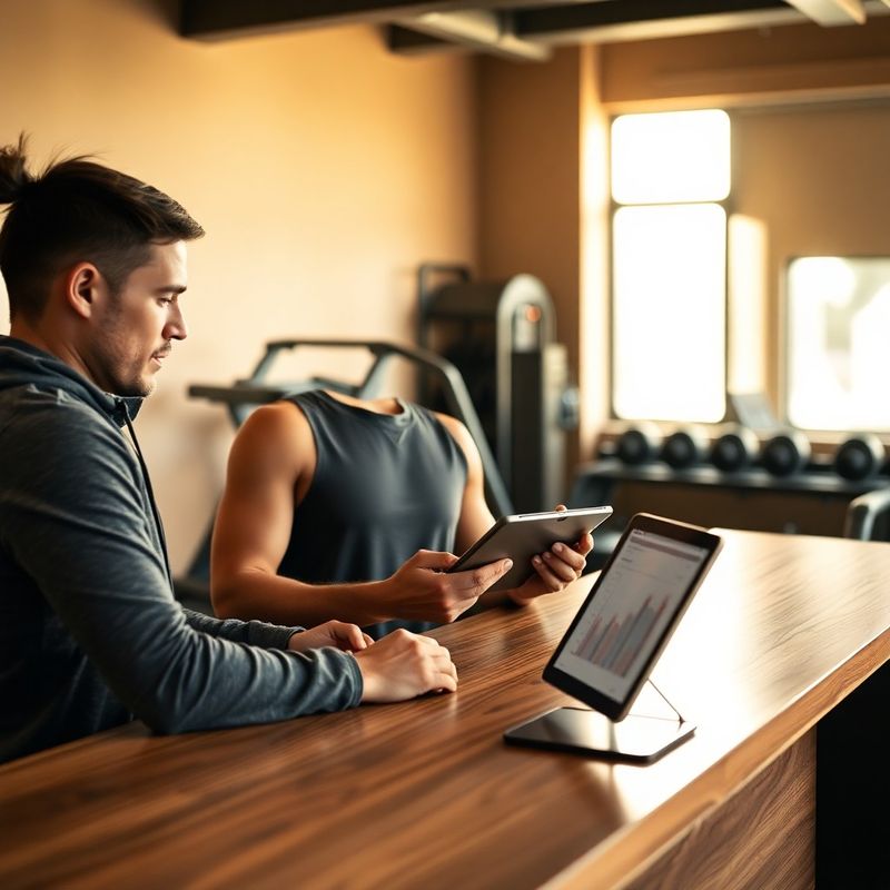 Athlete and coach reviewing progress data on a tablet at the Co of Manchester front desk